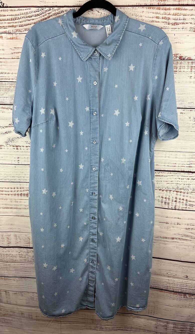 Womens Denim Co Blue Chambray Button Up Shirt Dress Midi Stars USA Casual Sz 1X